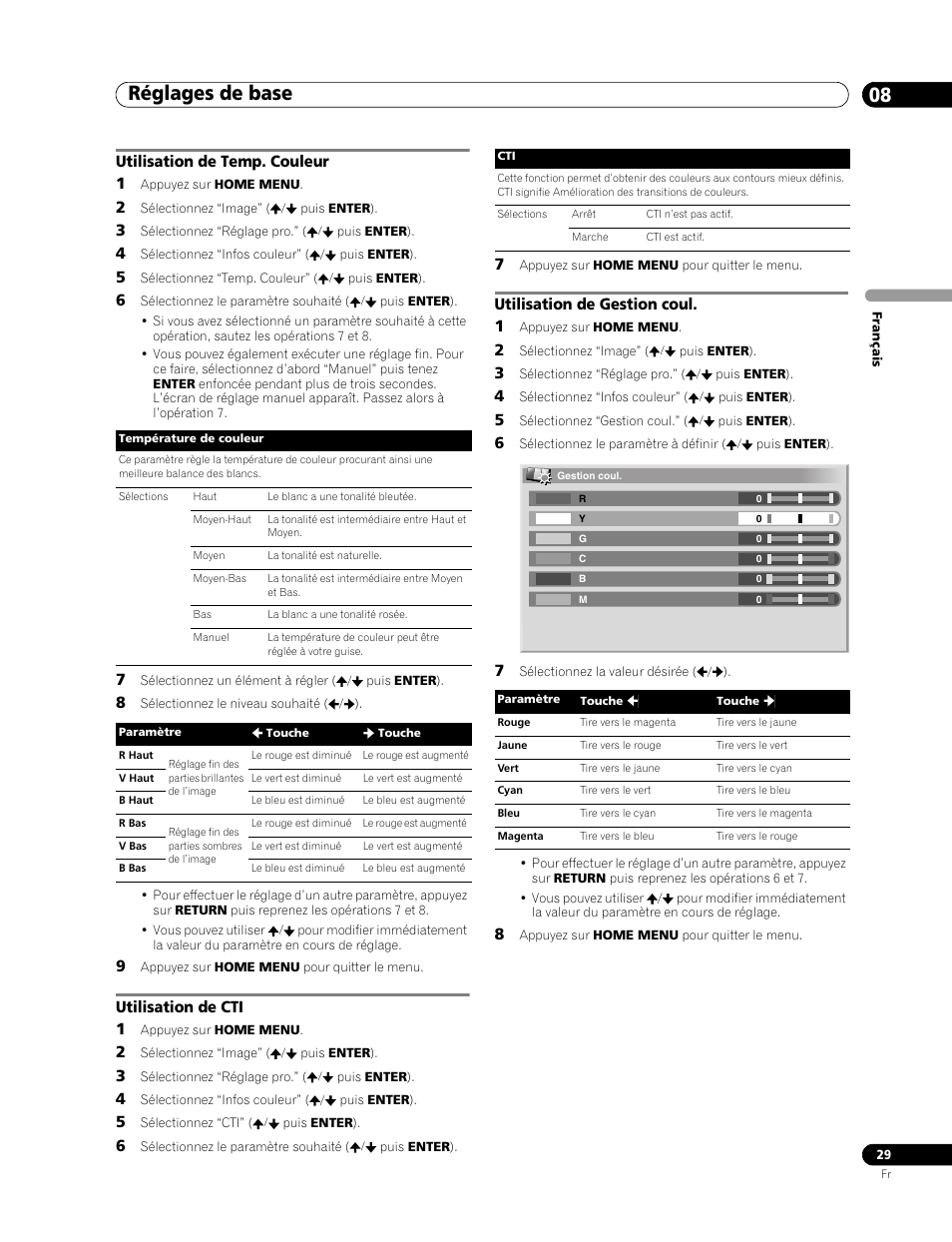 Réglages de base 08, Utilisation de temp. couleur 1, Utilisation de cti 1 | Utilisation de gestion coul. 1 | Pioneer PDP-436RXE User Manual | Page 73 / 136