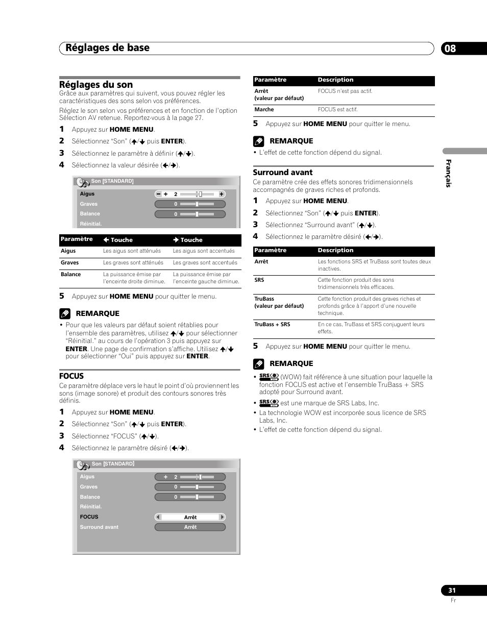 Réglages du son, Focus surround avant, Réglages de base 08 | Focus, Surround avant | Pioneer PDP-436RXE User Manual | Page 75 / 136