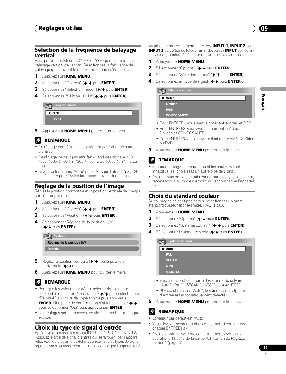 Réglages utiles 09, Réglages utiles, Sélection de la fréquence de balayage vertical | Réglage de la position de l’image, Choix du type de signal d’entrée, Choix du standard couleur | Pioneer PDP-436RXE User Manual | Page 77 / 136