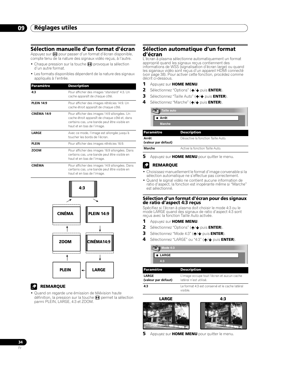 Réglages utiles 09, Sélection manuelle d’un format d’écran, Sélection automatique d’un format d’écran | Pioneer PDP-436RXE User Manual | Page 78 / 136