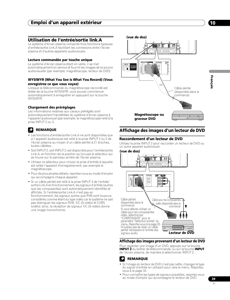 Emploi d’un appareil extérieur 10, Utilisation de l’entrée/sortie link.a, Affichage des images d’un lecteur de dvd | Raccordement d’un lecteur de dvd, Affichage des images provenant d’un lecteur de dvd | Pioneer PDP-436RXE User Manual | Page 83 / 136