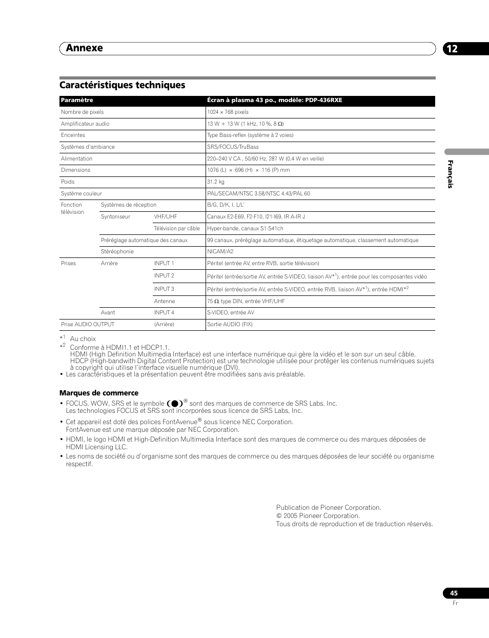 Caractéristiques techniques, Annexe 12 | Pioneer PDP-436RXE User Manual | Page 89 / 136