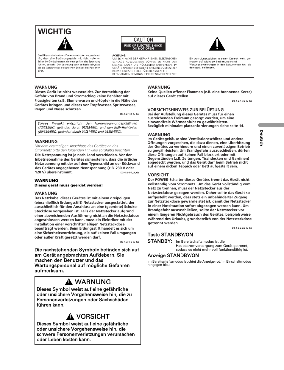 Warnung, Vorsicht | Pioneer PDP-436RXE User Manual | Page 91 / 136