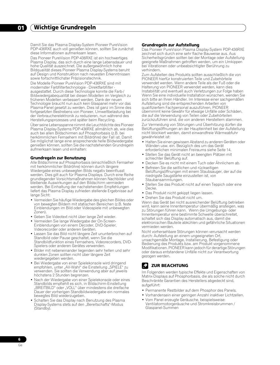 01 wichtige grundregeln, Wichtige grundregeln 01 wichtige grundregeln | Pioneer PDP-436RXE User Manual | Page 94 / 136