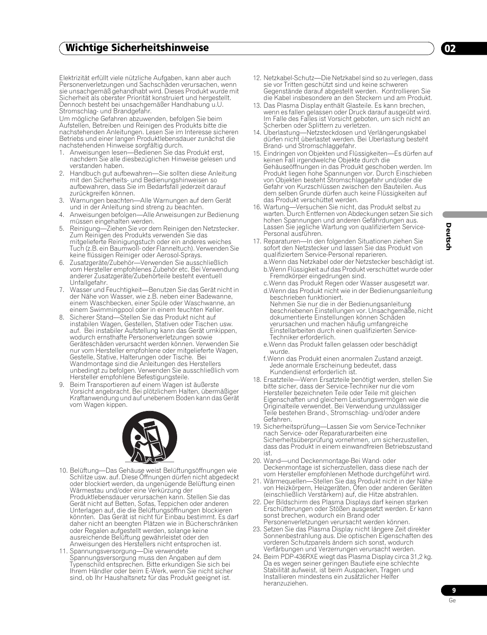 02 wichtige sicherheitshinweise, Wichtige sicherheitshinweise 02, Wichtige sicherheitshinweise | Pioneer PDP-436RXE User Manual | Page 97 / 136