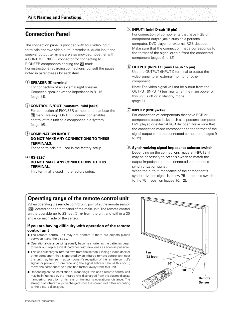 Connection panel, Operating range of the remote control unit | Pioneer PRO-1000HDI User Manual | Page 10 / 48