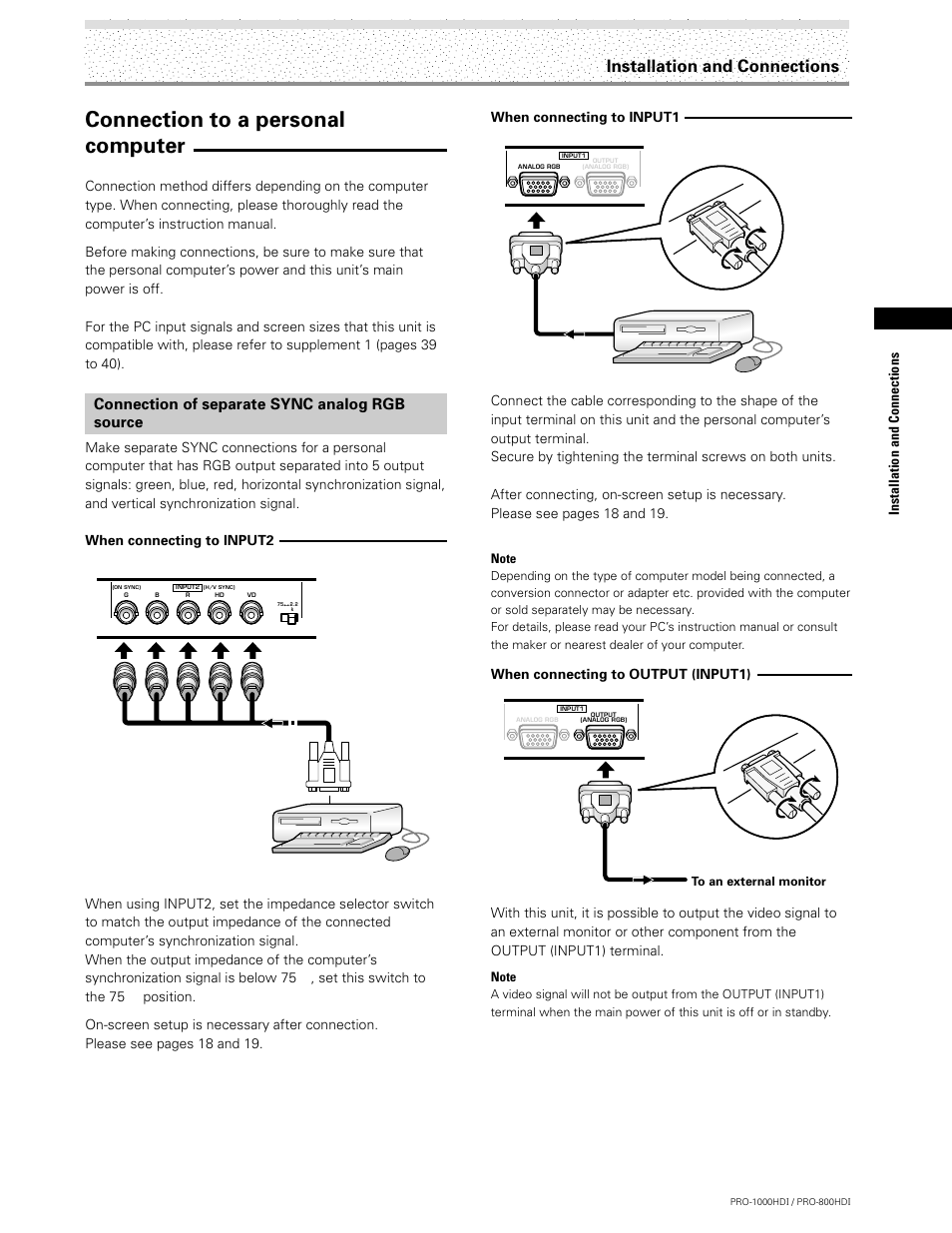 Connection to a personal computer, Installation and connections, Connection of separate sync analog rgb source | Pioneer PRO-1000HDI User Manual | Page 15 / 48