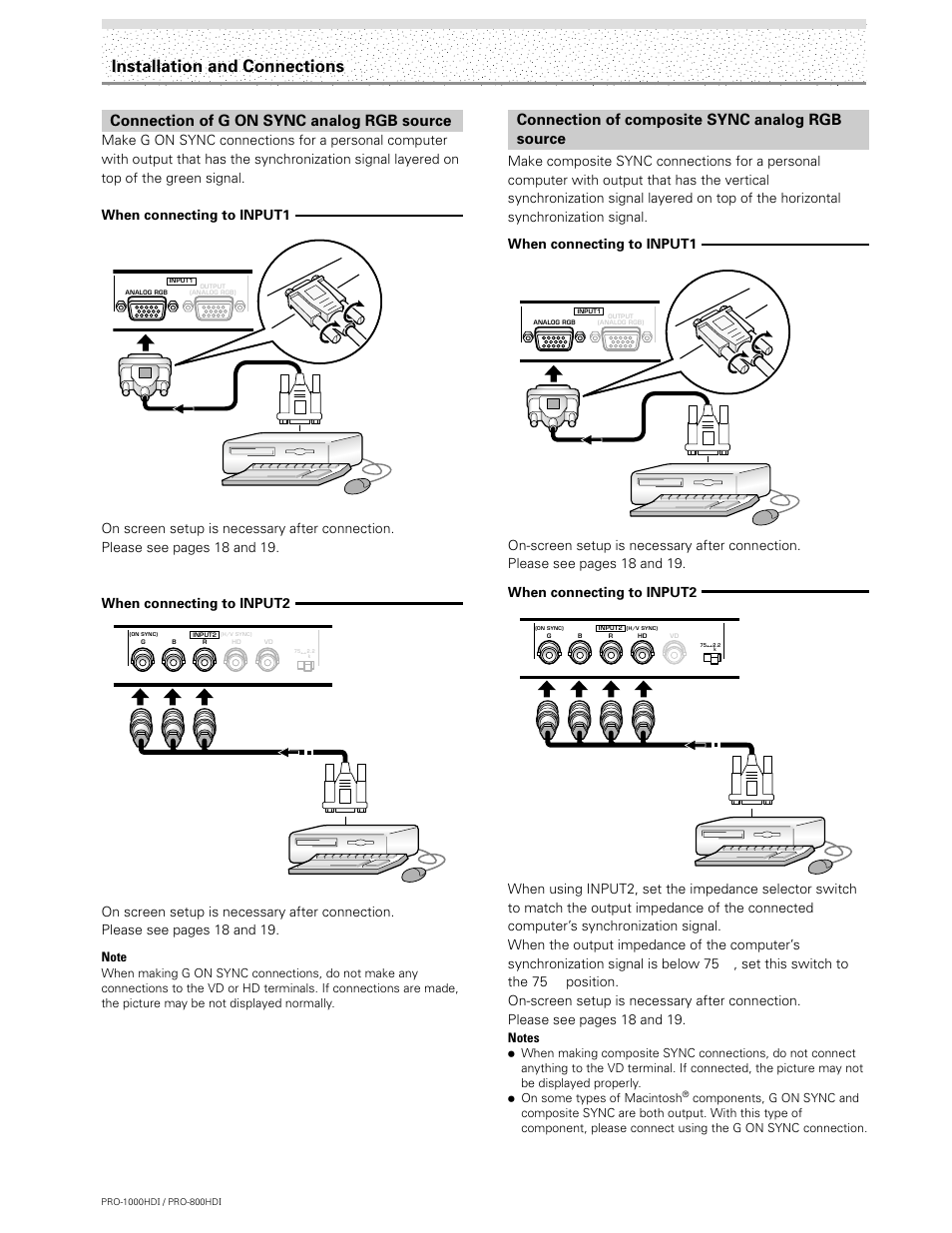 Installation and connections, Connection of g on sync analog rgb source, Connection of composite sync analog rgb source | Pioneer PRO-1000HDI User Manual | Page 16 / 48