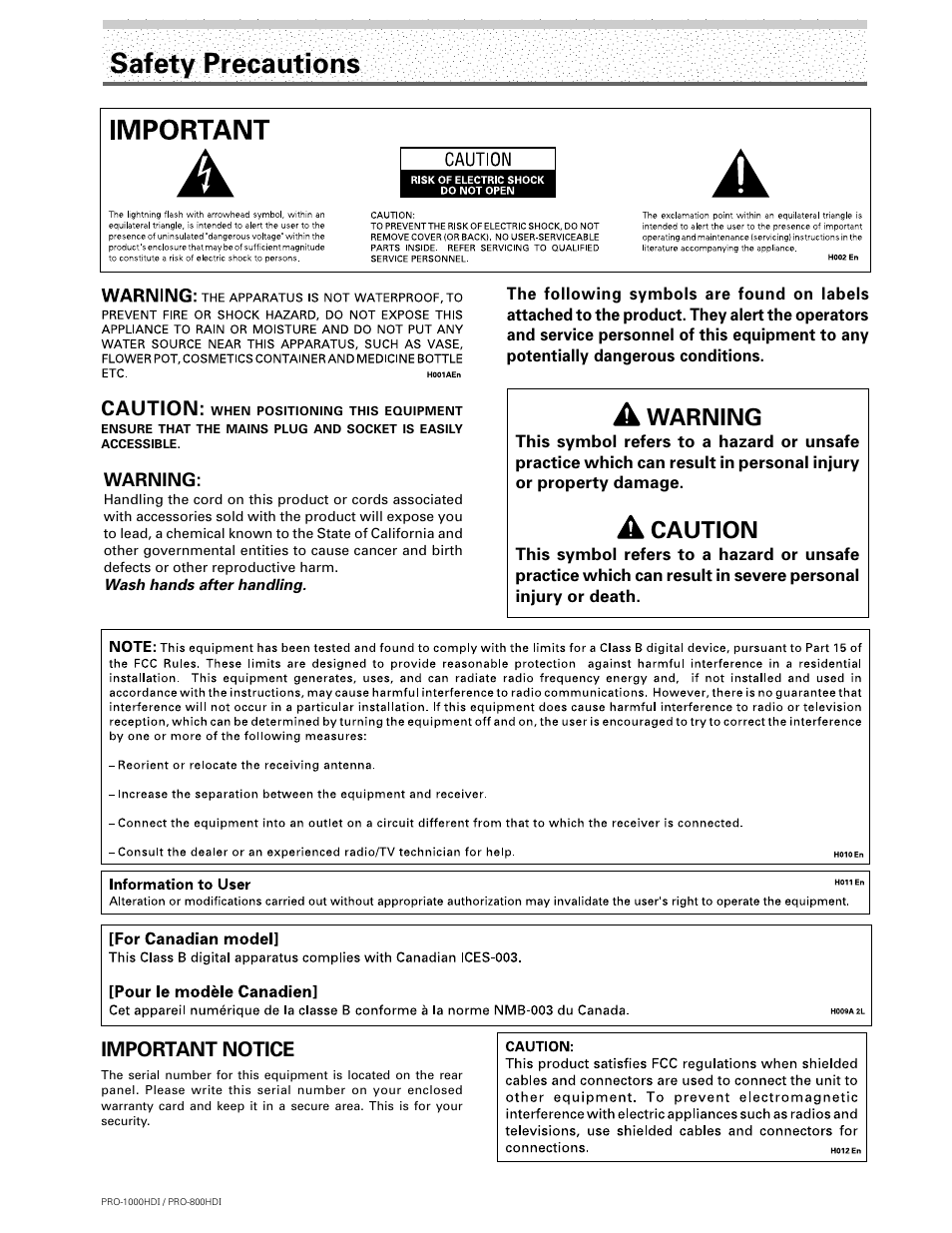 Safety precautions, Warning, Caution | Important notice | Pioneer PRO-1000HDI User Manual | Page 2 / 48