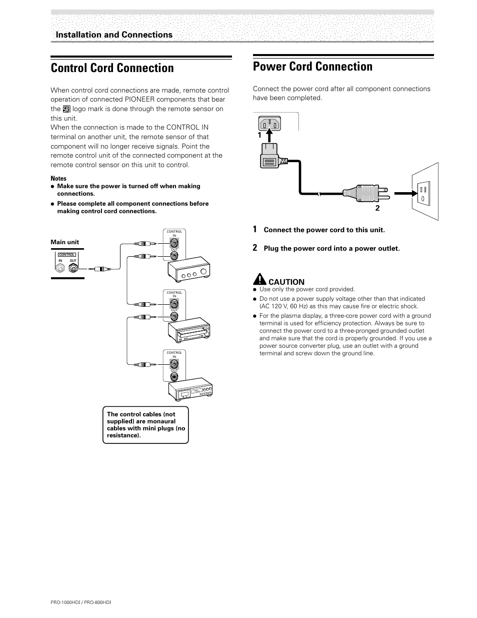 Control cord connection, Power cord connection, Installation and connections | Pioneer PRO-1000HDI User Manual | Page 20 / 48