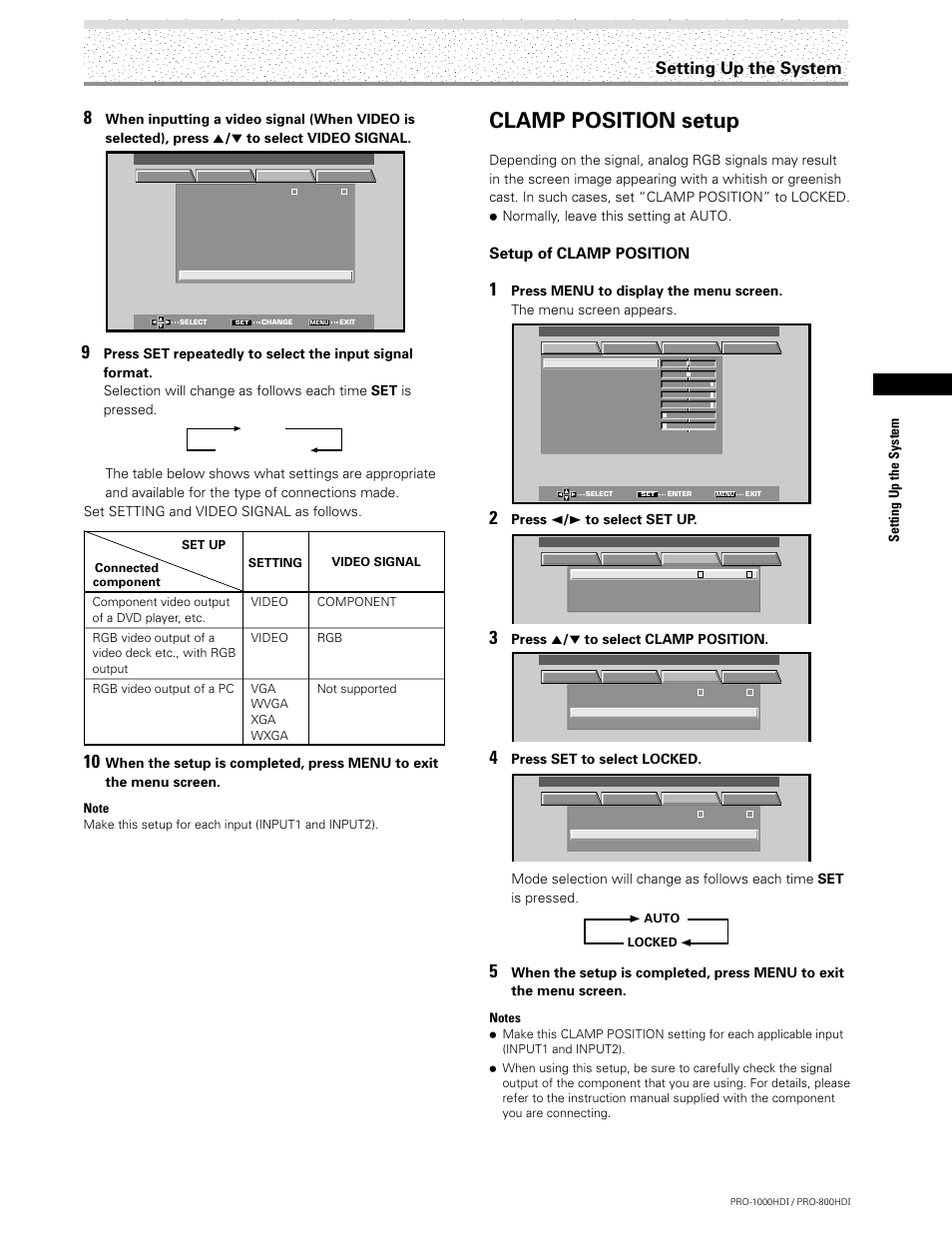 Clamp position setup, Setup of clamp position, Setting up the system | Press 2 / 3 to select set up, Press 5 / ∞ to select clamp position, Press set to select locked | Pioneer PRO-1000HDI User Manual | Page 23 / 48