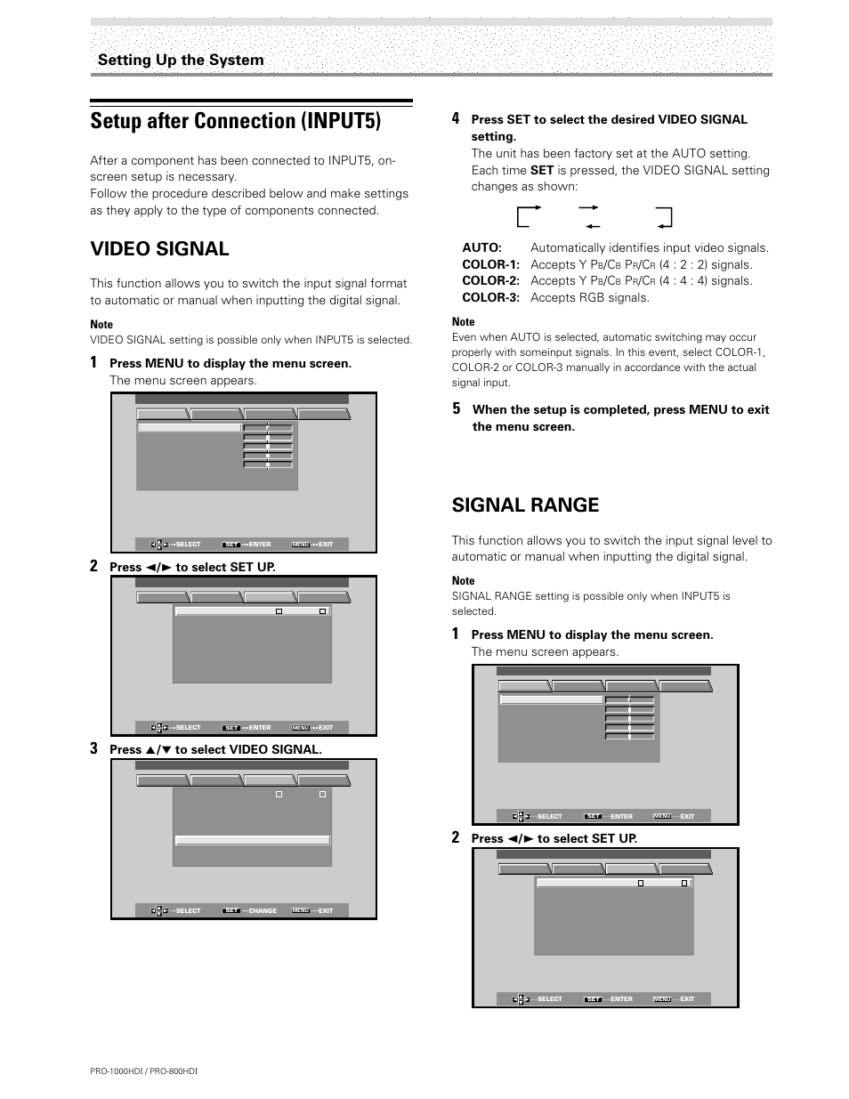Setup after connection (input5), Video signal, Signal range | Setting up the system, Press 2 / 3 to select set up, Press 5 / ∞ to select video signal, 4 : 2 : 2) signals. color-2: accepts y p, 4 : 4 : 4) signals. color-3: accepts rgb signals | Pioneer PRO-1000HDI User Manual | Page 24 / 48