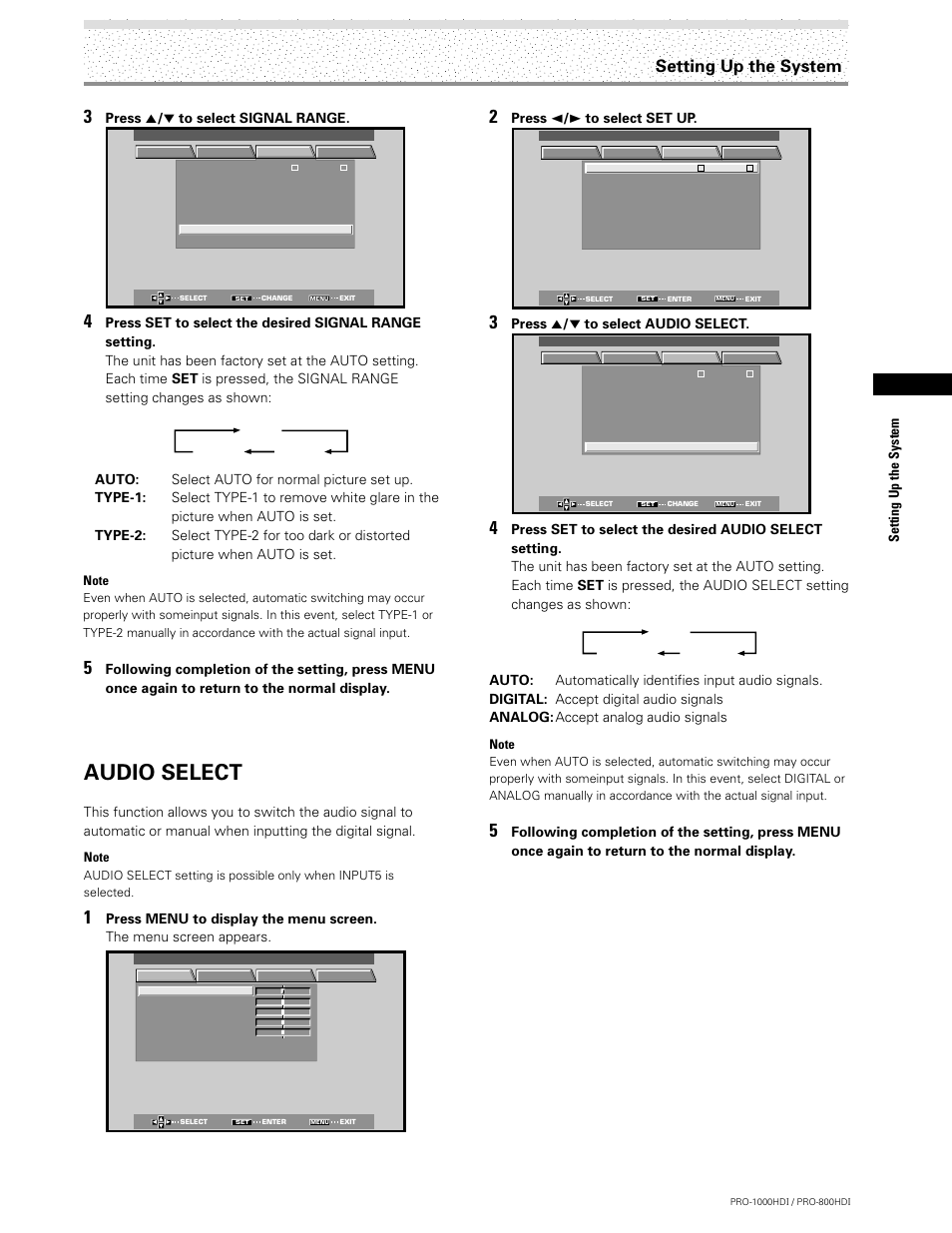 Audio select, Setting up the system, Press 5 / ∞ to select signal range | Press 2 / 3 to select set up, Press 5 / ∞ to select audio select | Pioneer PRO-1000HDI User Manual | Page 25 / 48