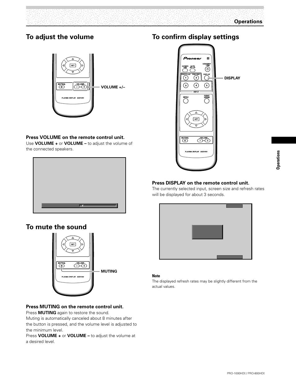 Operations, Press volume on the remote control unit, Press muting on the remote control unit | Press display on the remote control unit | Pioneer PRO-1000HDI User Manual | Page 27 / 48