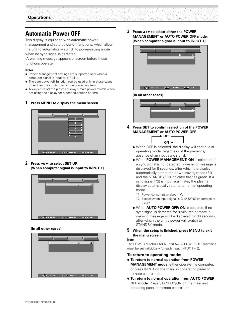 Automatic power off, Operations, Press menu to display the menu screen | Pioneer PRO-1000HDI User Manual | Page 30 / 48