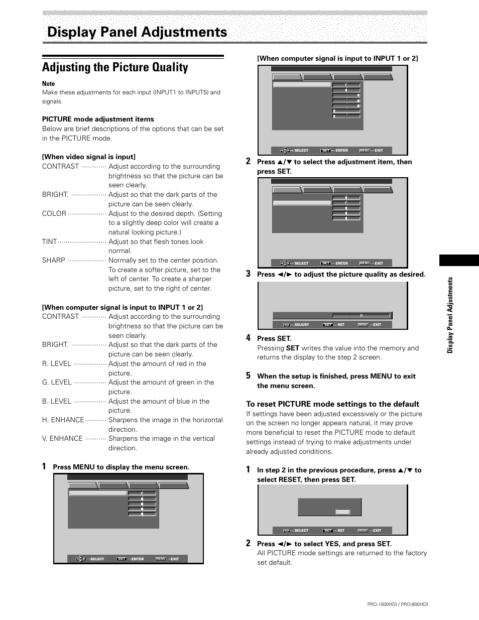 Display panel adjustments, Adjusting the picture quality, Press menu to display the menu screen | When computer signal is input to input 1 or 2 | Pioneer PRO-1000HDI User Manual | Page 31 / 48