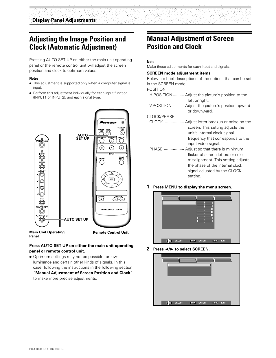 Manual adjustment of screen position and clock, Display panel adjustments, Press menu to display the menu screen | Press 2 / 3 to select screen | Pioneer PRO-1000HDI User Manual | Page 32 / 48