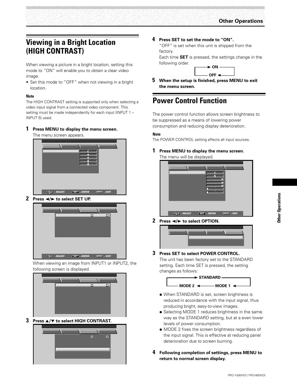 Viewing in a bright location, High contrast), Power control function | Viewing in a bright location (high contrast), Other operations, Press 2 / 3 to select set up, Press 5 / ∞ to select high contrast, Press 2 / 3 to select option | Pioneer PRO-1000HDI User Manual | Page 37 / 48