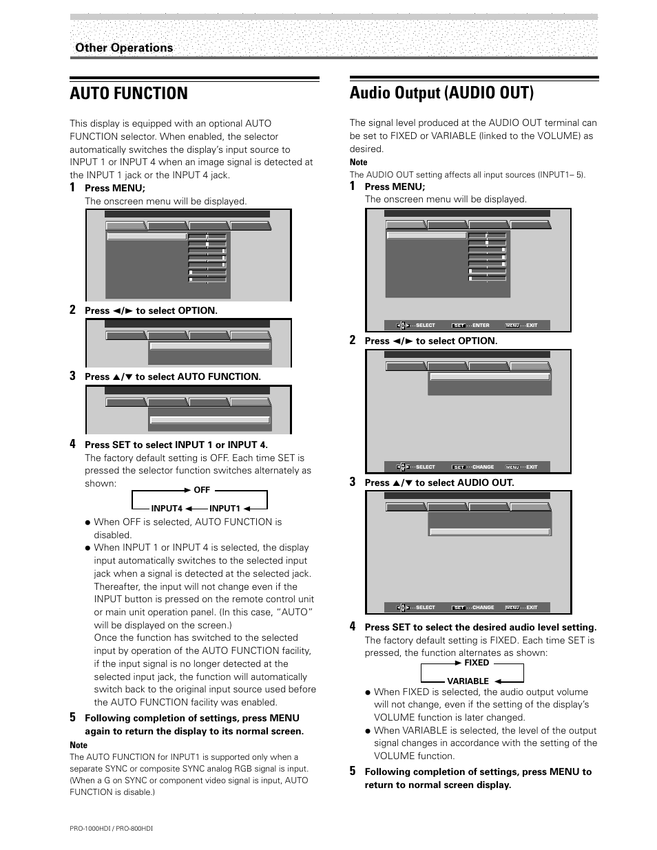 Auto function, Audio output (audio out), Other operations | Press menu; the onscreen menu will be displayed, Press 2 / 3 to select option, Press 5 / ∞ to select auto function, Press 5 / ∞ to select audio out | Pioneer PRO-1000HDI User Manual | Page 38 / 48
