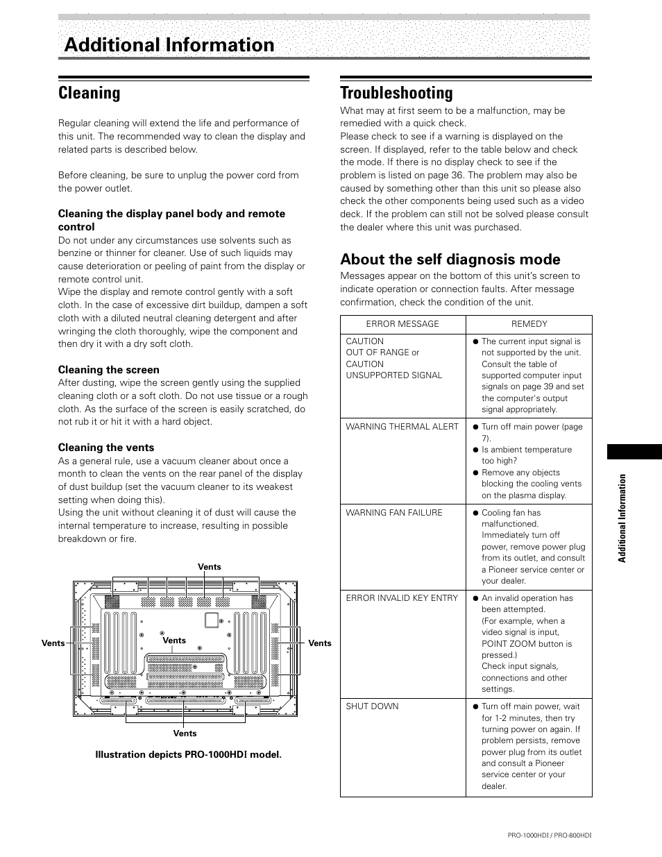 Additional information, Cleaning, Troubleshooting | About the self diagnosis mode | Pioneer PRO-1000HDI User Manual | Page 39 / 48