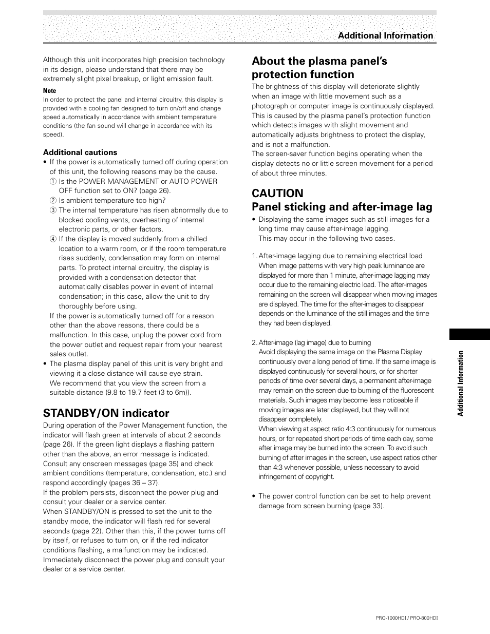 Standby/on indicator, About the plasma panel’s protection function, Caution panel sticking and after-image lag | Pioneer PRO-1000HDI User Manual | Page 41 / 48