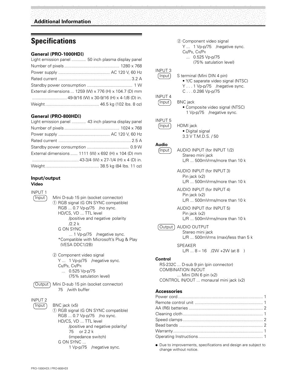 Specifications | Pioneer PRO-1000HDI User Manual | Page 42 / 48