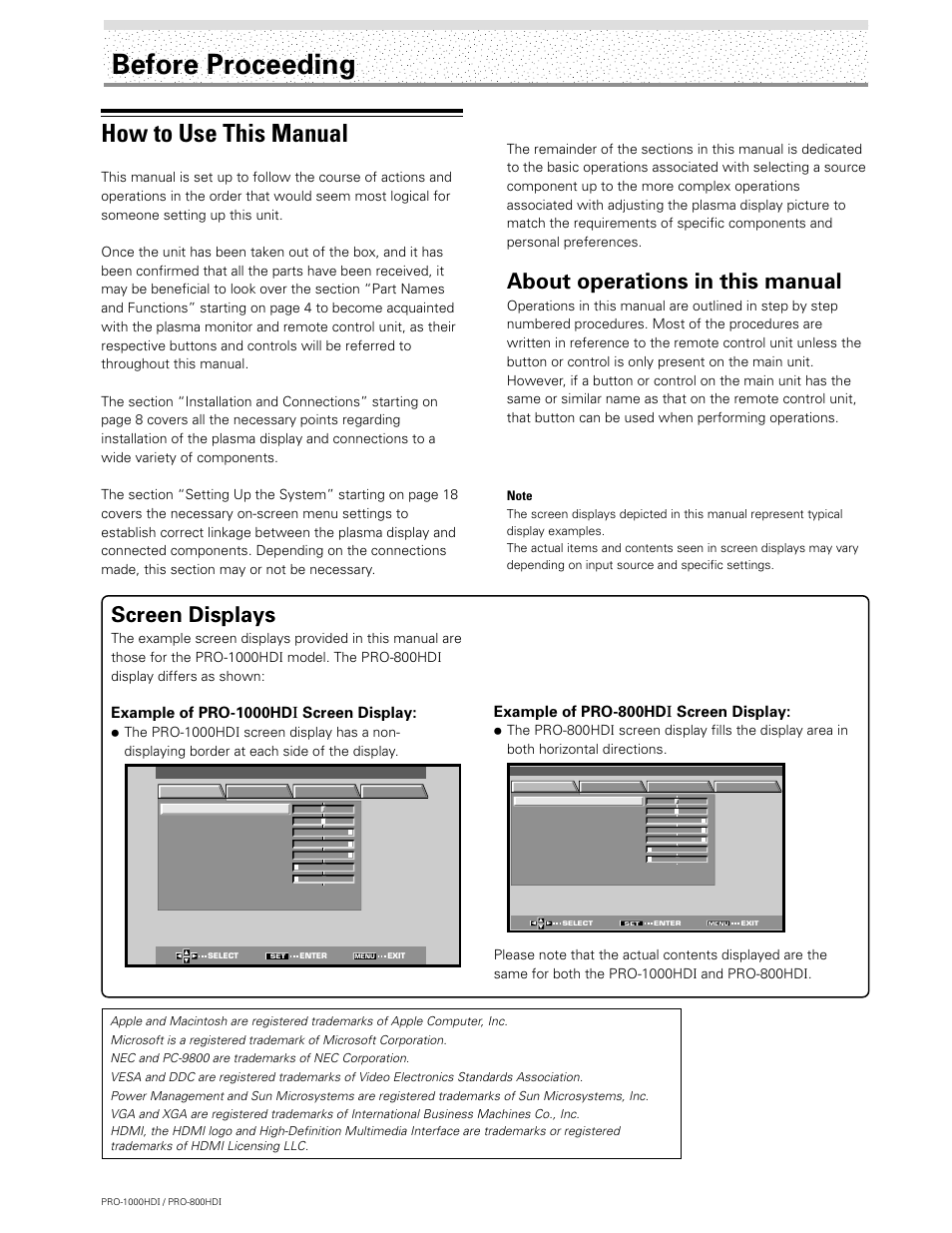 Before proceeding, How to use this manual, About operations in this manual | Screen displays, Example of pro-1000hd, Screen display, Example of pro-800hd | Pioneer PRO-1000HDI User Manual | Page 6 / 48