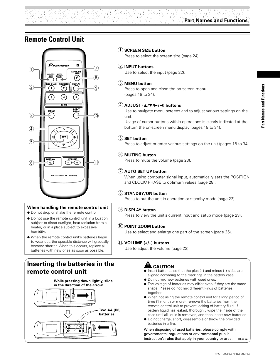 Remote control unit, Inserting the batteries in the remote control unit | Pioneer PRO-1000HDI User Manual | Page 9 / 48