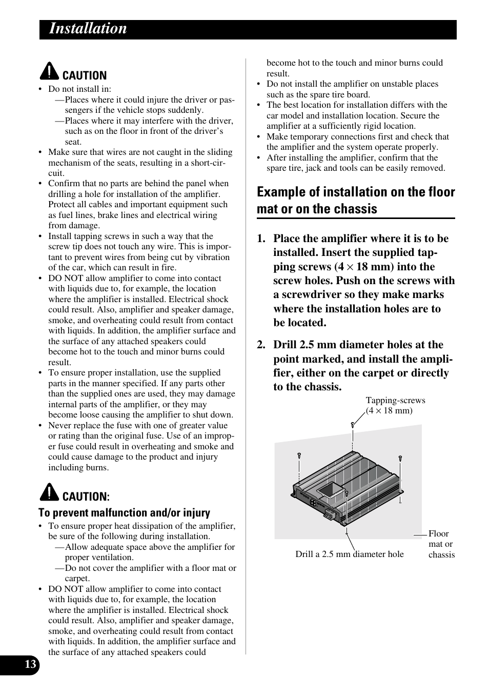 Installation, Example of installation on the floor mat, Or on the chassis | Pioneer PRS-D5000SPL User Manual | Page 14 / 86