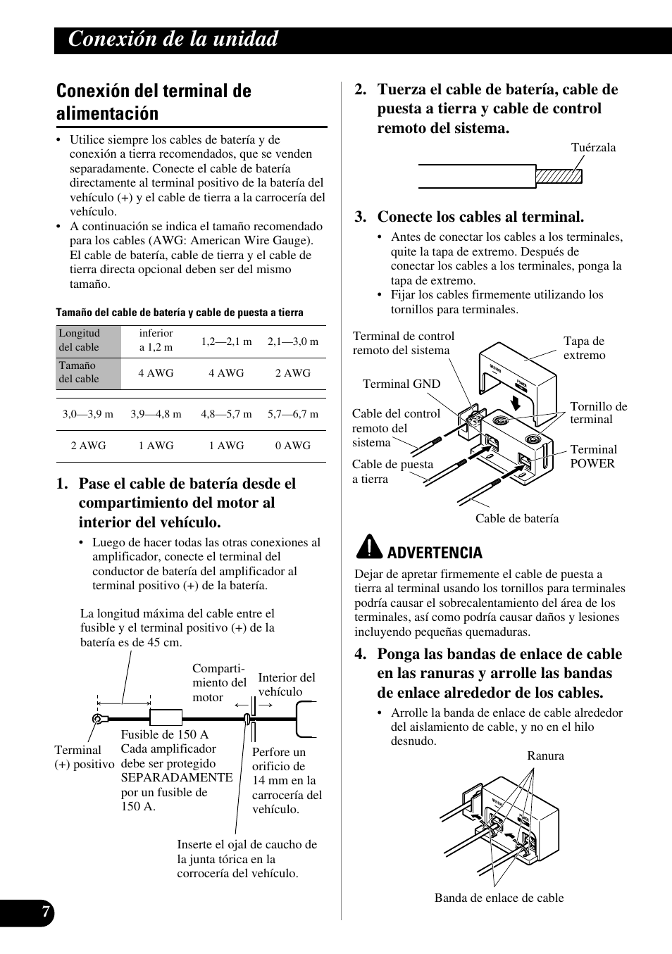 Conexión del terminal de alimentación, A title (english), Conexión de la unidad | Advertencia | Pioneer PRS-D5000SPL User Manual | Page 22 / 86