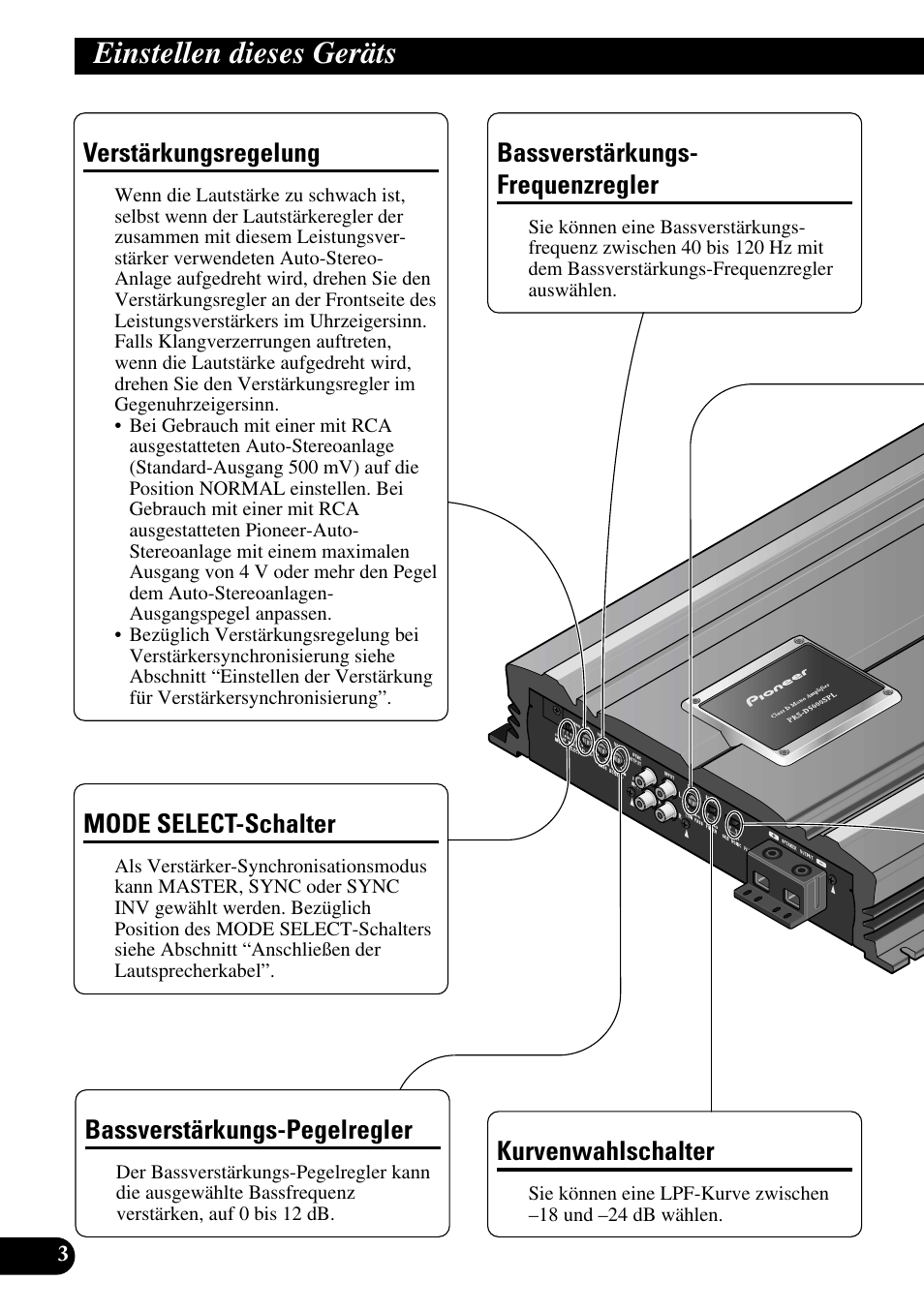 Einstellen dieses geräts, Bassverstärkungs- frequenzregler, Bassverstärkungs-pegelregler | Verstärkungsregelung, Kurvenwahlschalter, Mode select-schalter | Pioneer PRS-D5000SPL User Manual | Page 32 / 86