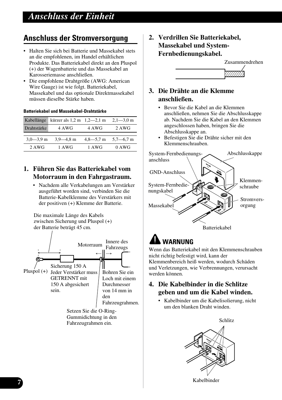 Anschluss der stromversorgung, Anschluss der einheit, Warnung | Pioneer PRS-D5000SPL User Manual | Page 36 / 86