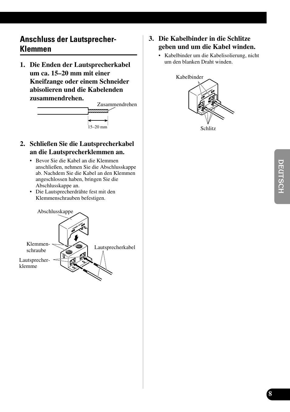 Anschluss der lautsprecher-klemmen, Anschluss der lautsprecher- klemmen | Pioneer PRS-D5000SPL User Manual | Page 37 / 86