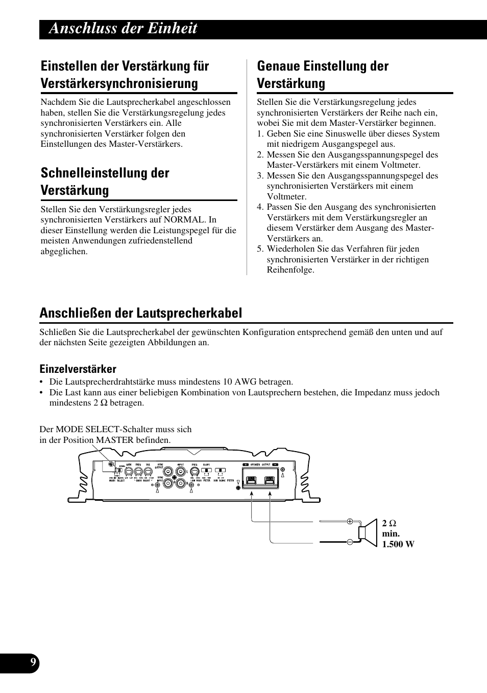 Einstellen der verstärkung für, Verstärkersynchronisierung, Anschluss der einheit | Schnelleinstellung der verstärkung, Genaue einstellung der verstärkung, Anschließen der lautsprecherkabel | Pioneer PRS-D5000SPL User Manual | Page 38 / 86