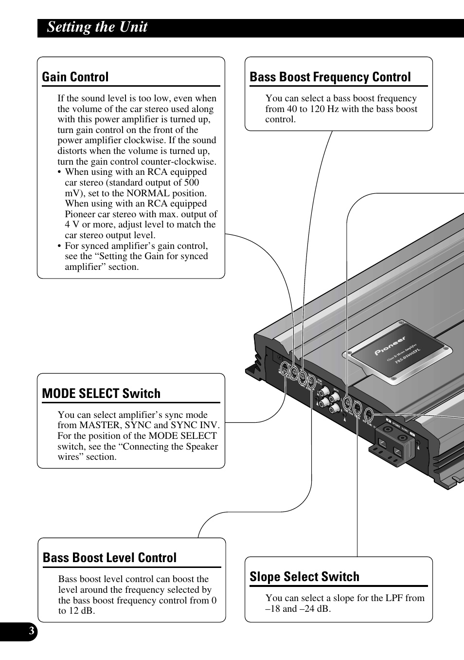 Setting the unit, Bass boost frequency control, Bass boost level control | Gain control, Slope select switch, Mode select switch | Pioneer PRS-D5000SPL User Manual | Page 4 / 86