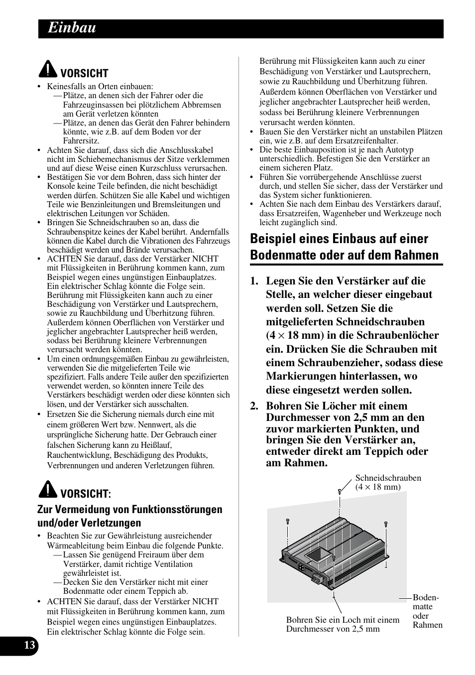 Einbau, Beispiel eines einbaus auf einer bodenmatte, Oder auf dem rahmen | Pioneer PRS-D5000SPL User Manual | Page 42 / 86