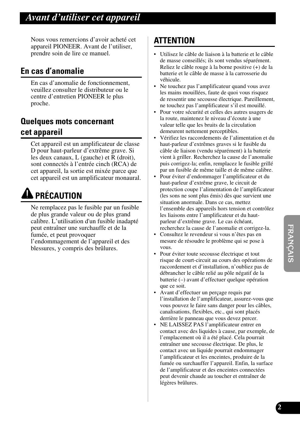 Avant d’utiliser cet appareil, En cas d’anomalie, Quelques mots concernant cet appareil | Précaution, Attention | Pioneer PRS-D5000SPL User Manual | Page 45 / 86