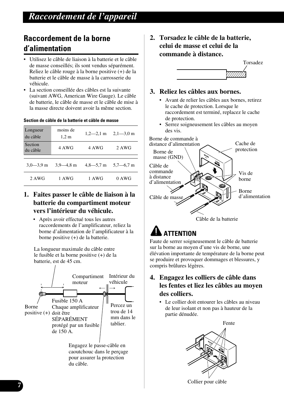 Raccordement de la borne d’alimentation, Raccordement de l’appareil, Attention | Pioneer PRS-D5000SPL User Manual | Page 50 / 86