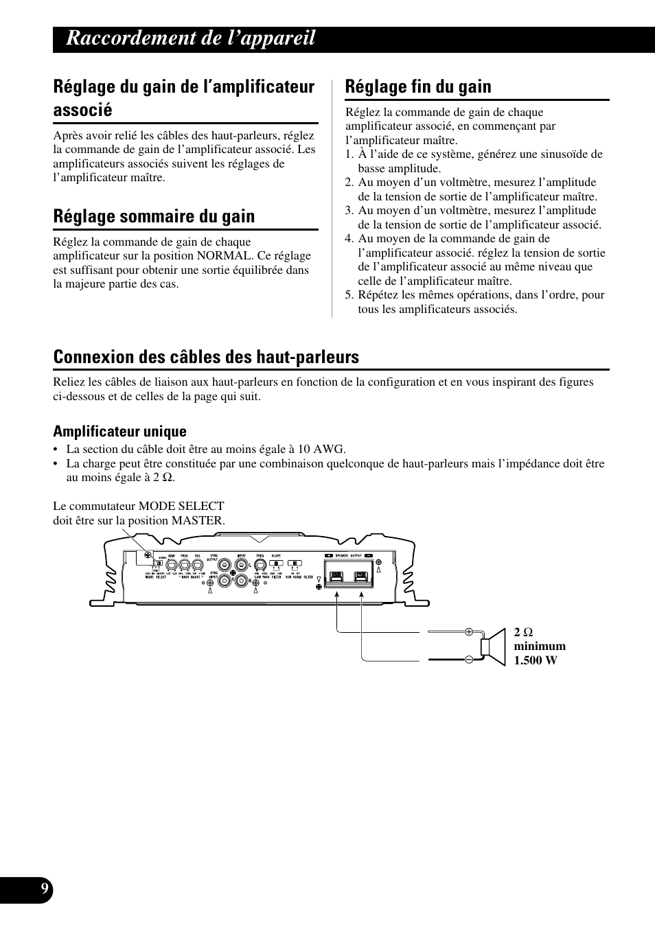 Raccordement de l’appareil, Réglage du gain de l’amplificateur associé, Réglage sommaire du gain | Réglage fin du gain, Connexion des câbles des haut-parleurs | Pioneer PRS-D5000SPL User Manual | Page 52 / 86