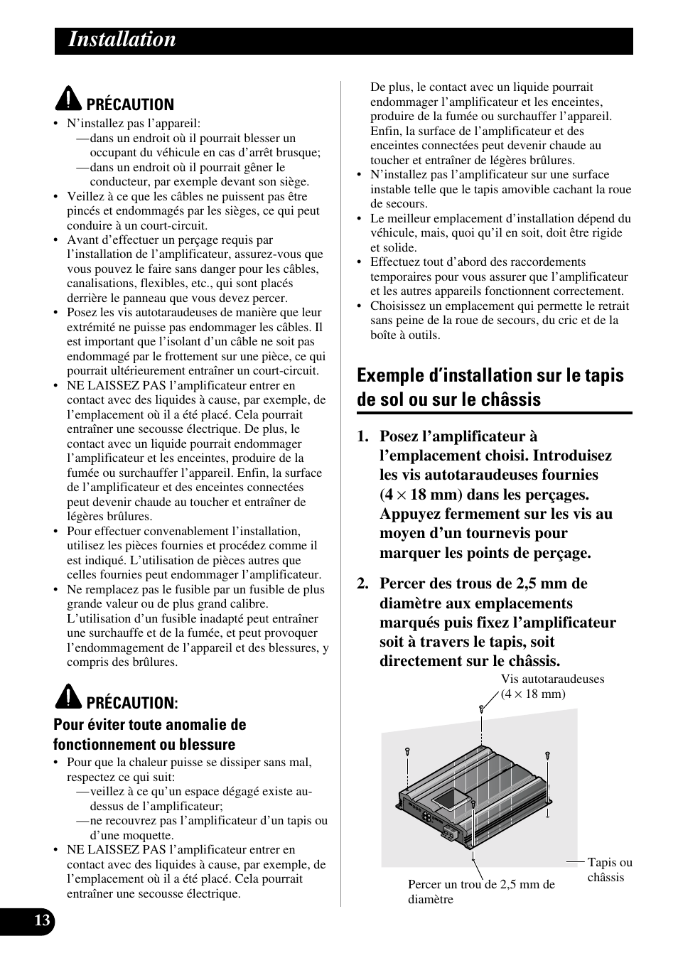 Installation, Exemple d’installation sur le tapis, De sol ou sur le châssis | Pioneer PRS-D5000SPL User Manual | Page 56 / 86