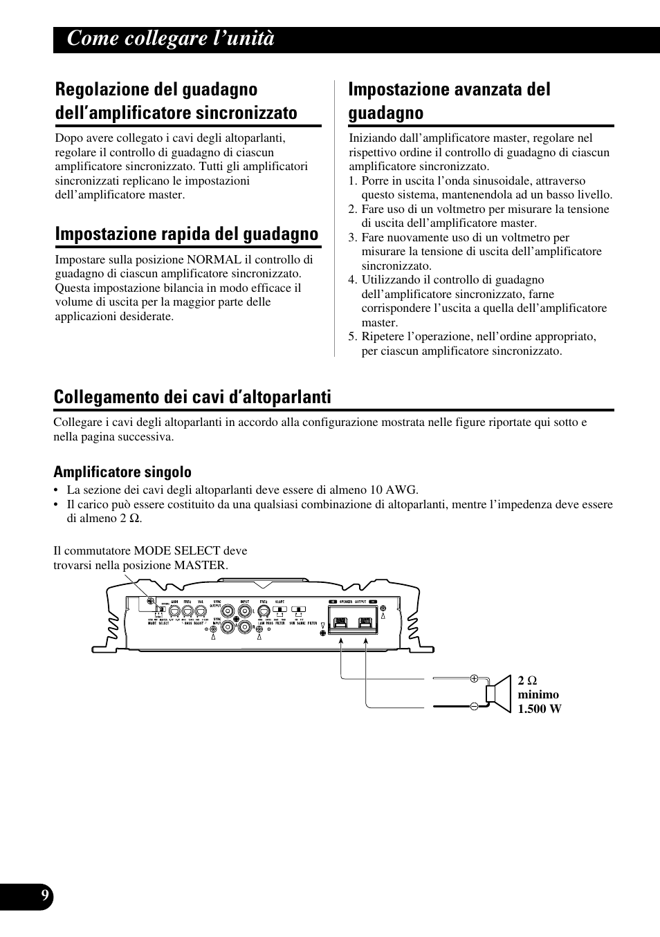 Regolazione del guadagno dell’amplificatore, Sincronizzato, Come collegare l’unità | Impostazione rapida del guadagno, Impostazione avanzata del guadagno, Collegamento dei cavi d’altoparlanti | Pioneer PRS-D5000SPL User Manual | Page 66 / 86