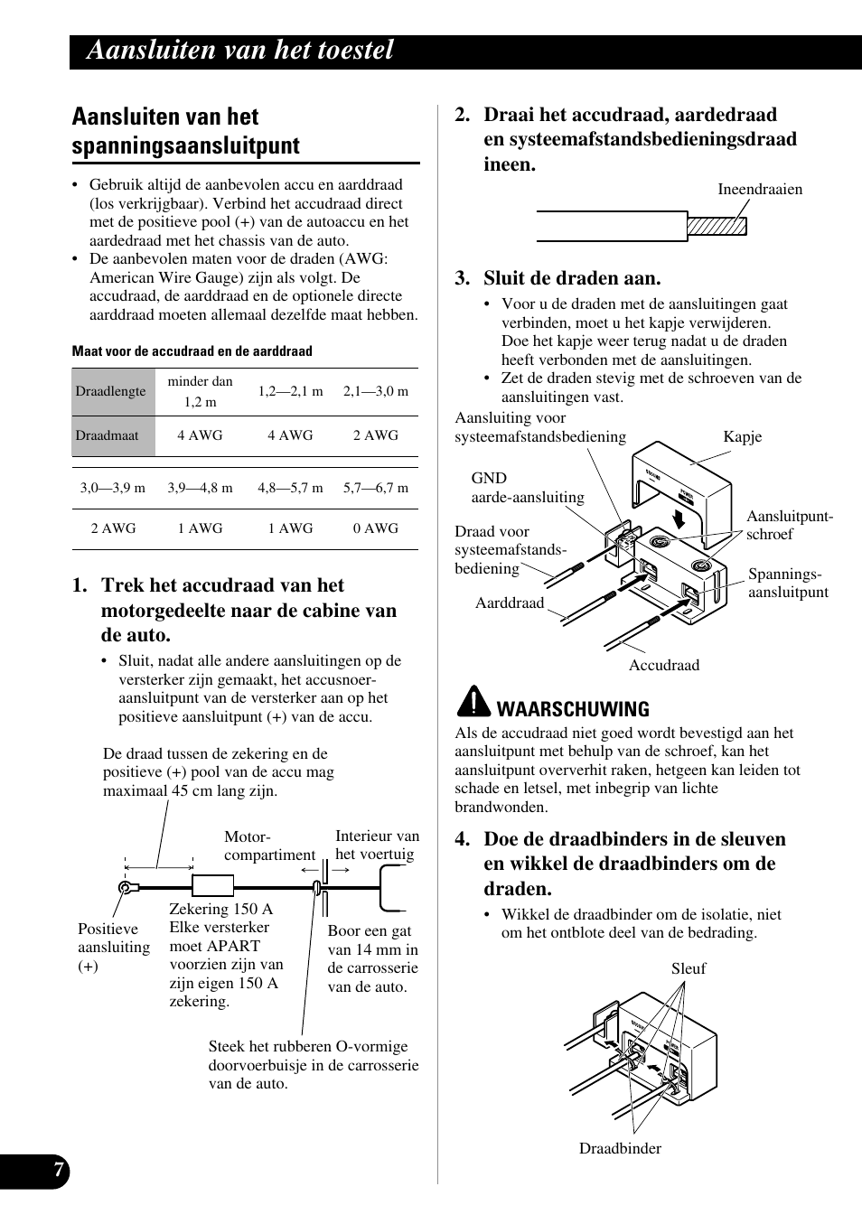 Aansluiten van het spanningsaansluitpunt, Aansluiten van het toestel, Waarschuwing | Pioneer PRS-D5000SPL User Manual | Page 78 / 86