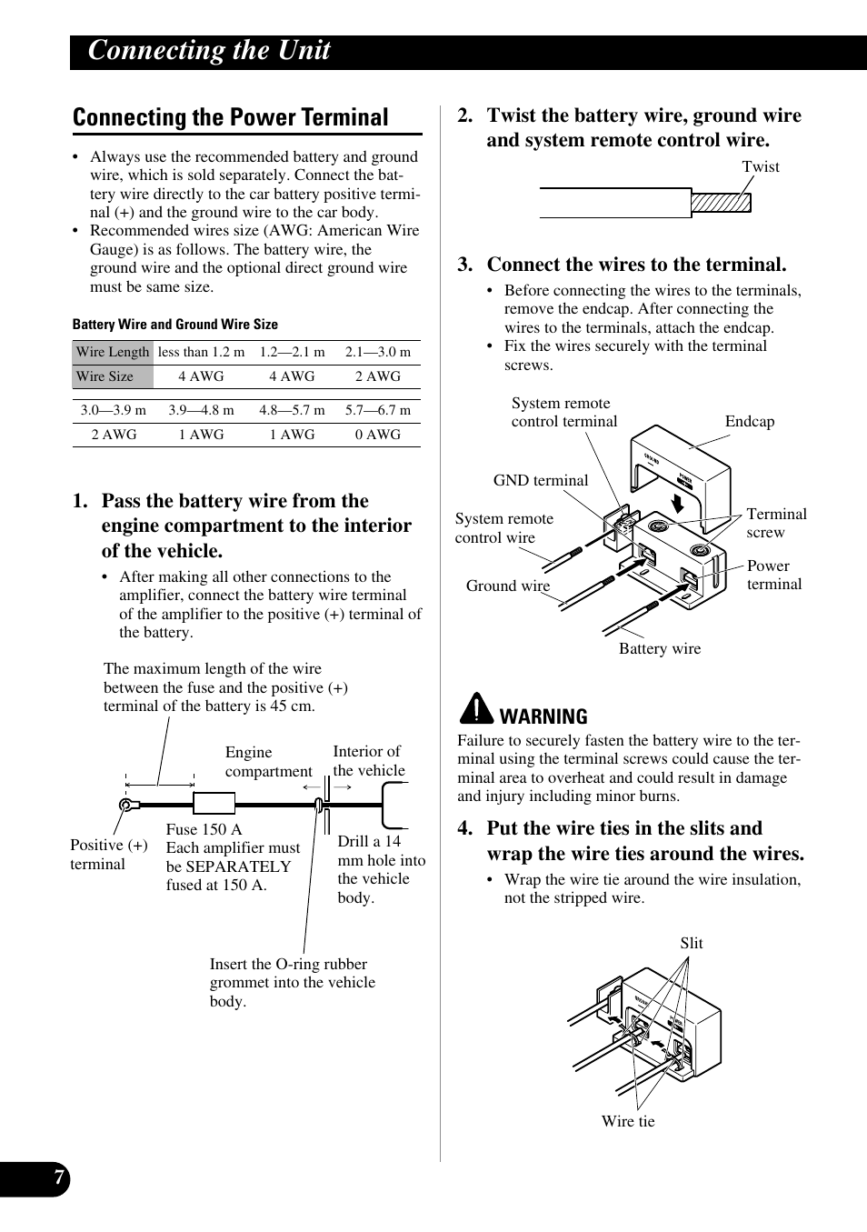 Connecting the power terminal, Connecting the unit, Warning | Pioneer PRS-D5000SPL User Manual | Page 8 / 86