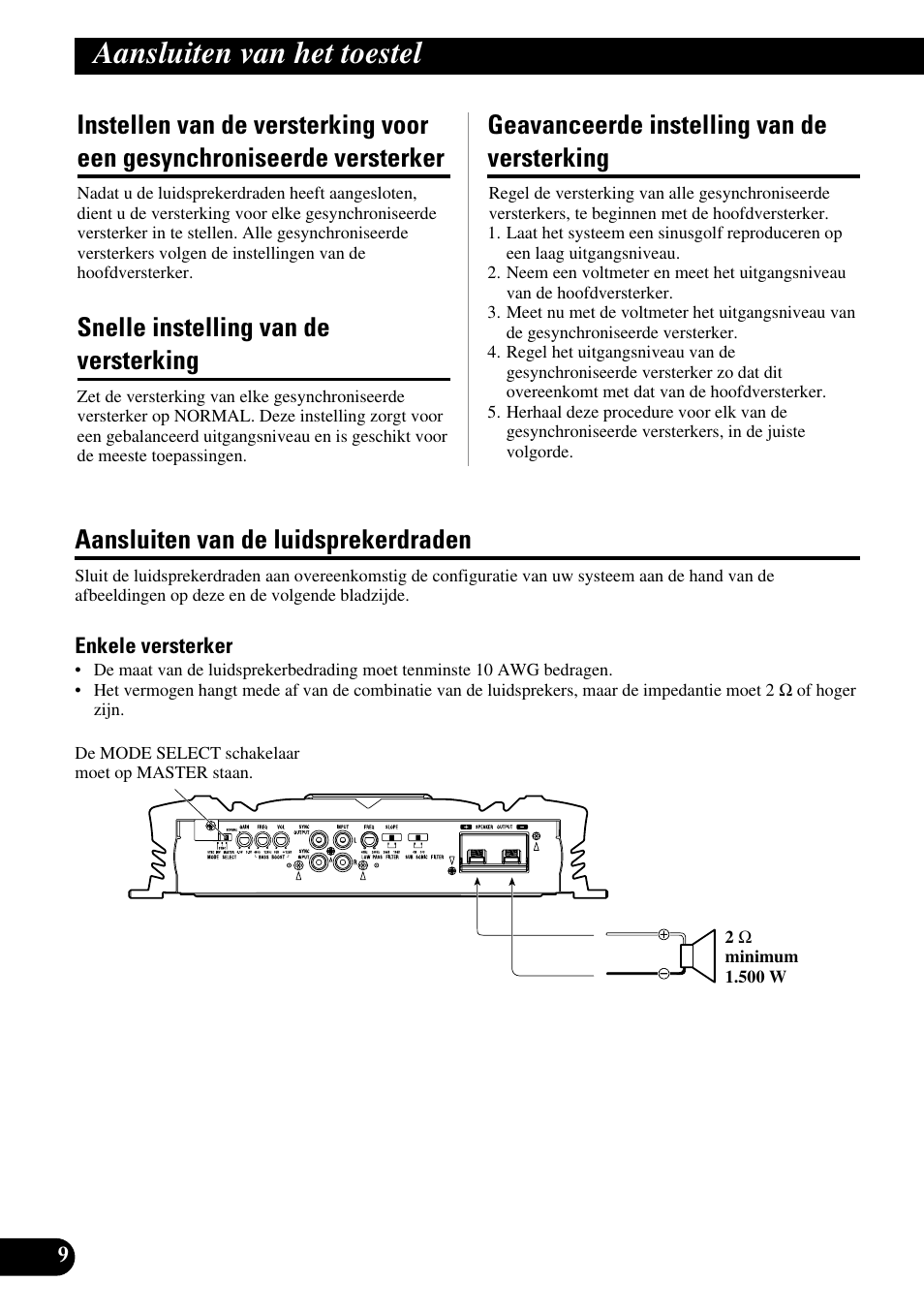 Instellen van de versterking voor, Een gesynchroniseerde versterker, Aansluiten van het toestel | Snelle instelling van de versterking, Geavanceerde instelling van de versterking, Aansluiten van de luidsprekerdraden | Pioneer PRS-D5000SPL User Manual | Page 80 / 86