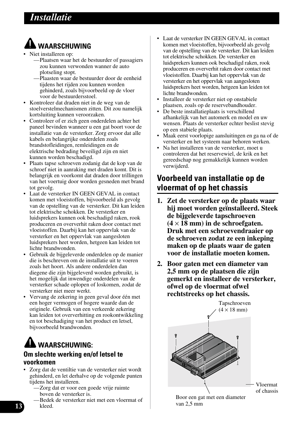 Installatie, Voorbeeld van installatie op de vloermat, Of op het chassis | Pioneer PRS-D5000SPL User Manual | Page 84 / 86