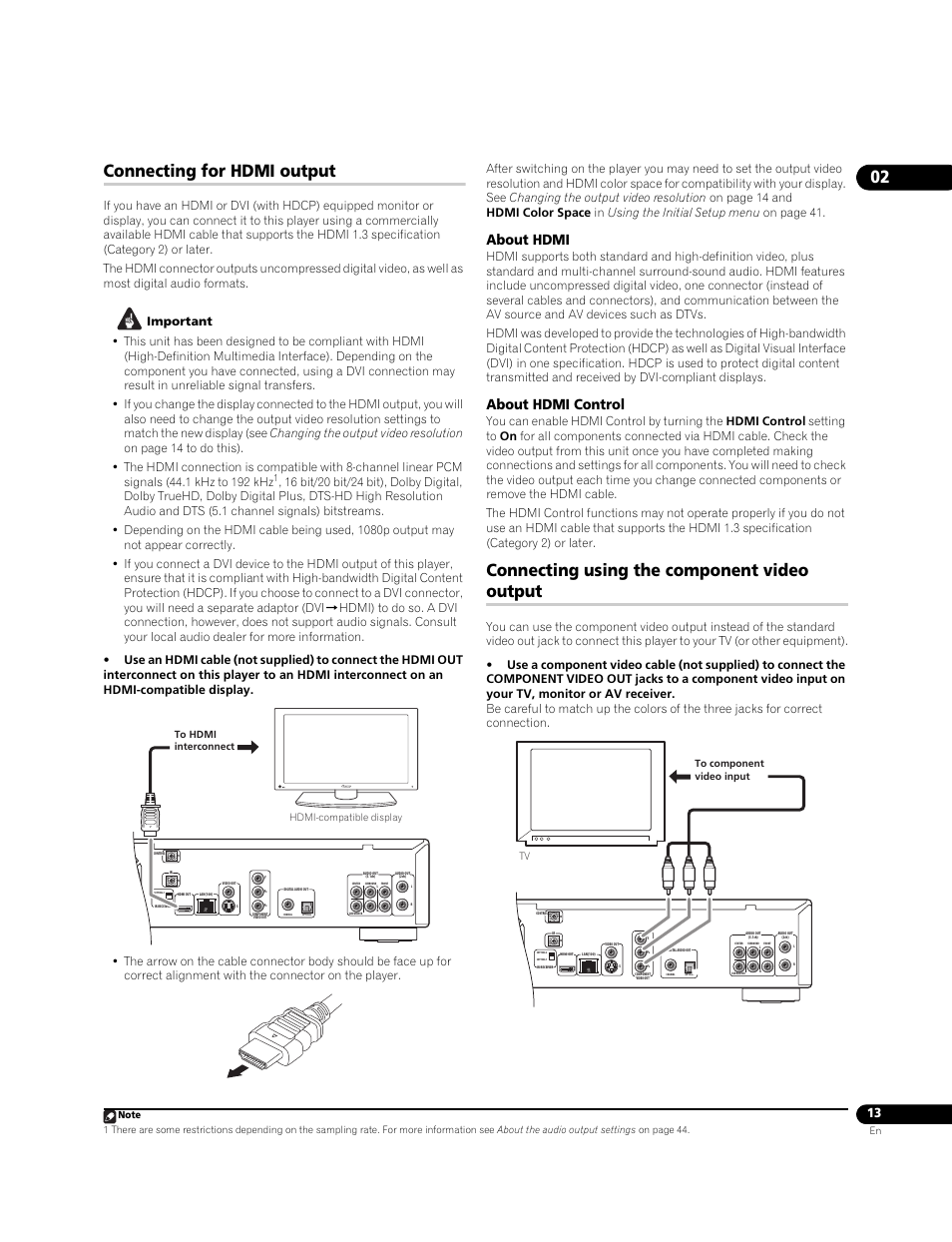 Connecting for hdmi output, Connecting using the component video output, About hdmi | About hdmi control | Pioneer BDP-95FD User Manual | Page 13 / 66