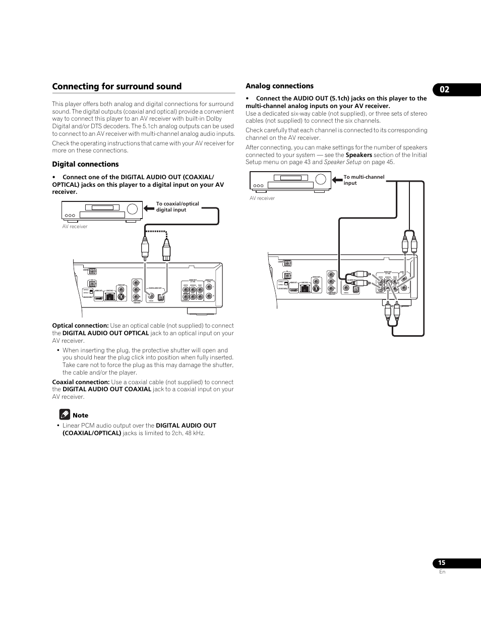 Connecting for surround sound, Digital connections, Analog connections | Pioneer BDP-95FD User Manual | Page 15 / 66