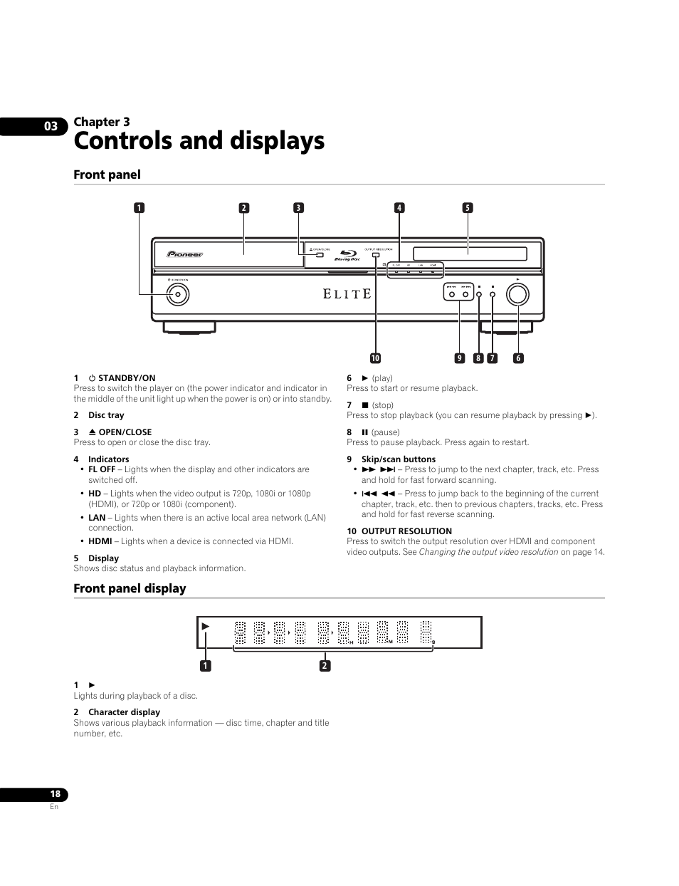 03 controls and displays, Front panel, Front panel display | Controls and displays, Chapter 3 | Pioneer BDP-95FD User Manual | Page 18 / 66