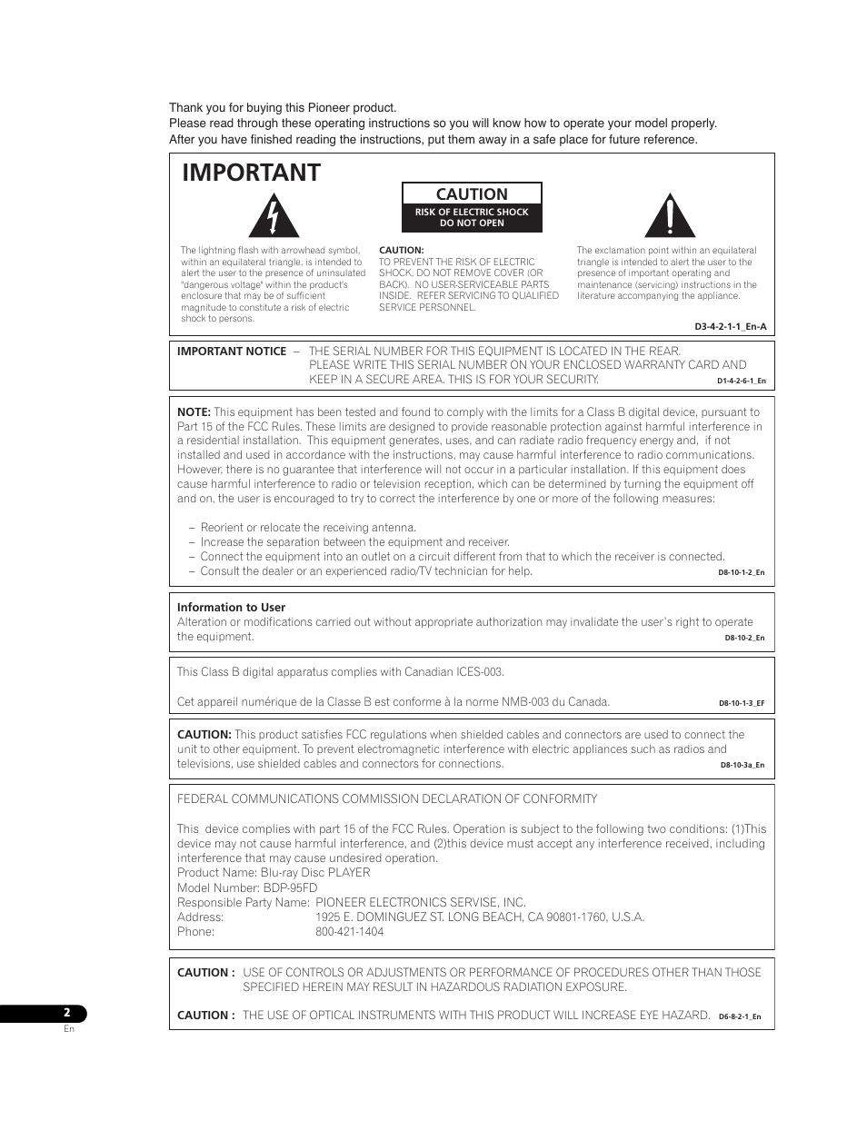 Important, Caution | Pioneer BDP-95FD User Manual | Page 2 / 66