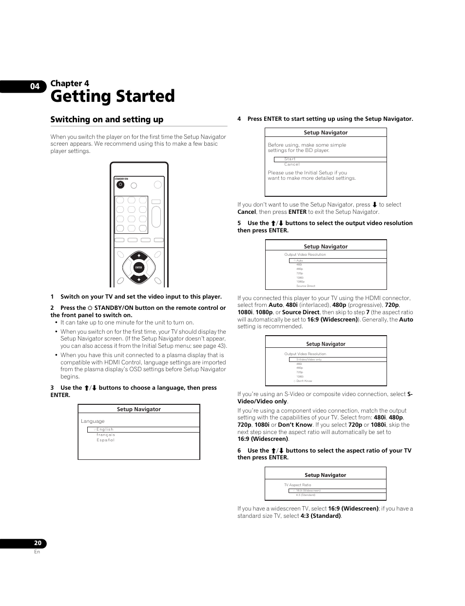 04 getting started, Switching on and setting up, Getting started | Chapter 4 | Pioneer BDP-95FD User Manual | Page 20 / 66